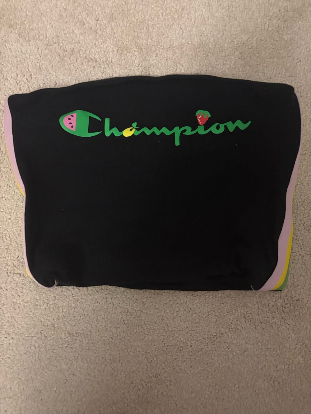 Champion Black Crop Top with Green Logo and Pink Trim
